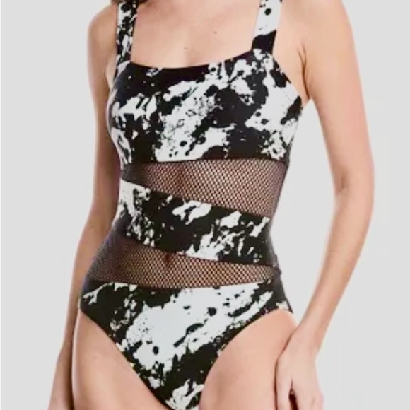 Carmen Marc Valvo Splash Black & White  Swimsuit Sz 4Mesh Cut-Out Shape Liner - Picture 1 of 12